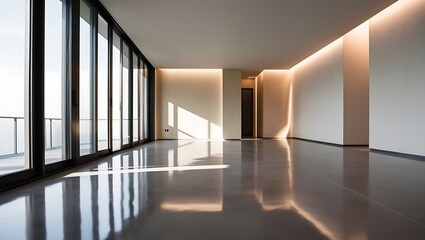 Fototapeta premium Empty modern interior design of apartment, empty interior with concrete flooring, windows