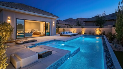 Fototapeta premium Modern backyard oasis with a sleek infinity pool, patio furniture, and mountain views at twilight.