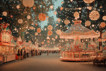 A vibrant nighttime carnival scene with glowing arches, fairy lights, and colorful carnival floats illuminating the bustling crowd. The atmosphere captures the dynamic energy of the celebration with b