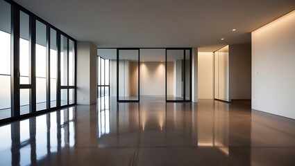 Obraz premium Empty modern interior design of apartment, empty interior with concrete flooring, windows