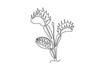 Single one line drawing of beauty fresh venus flytrap for home decor wall art poster print. Decorative dionaea muscipula plant for monster creature. Continuous line design graphic vector illustration
