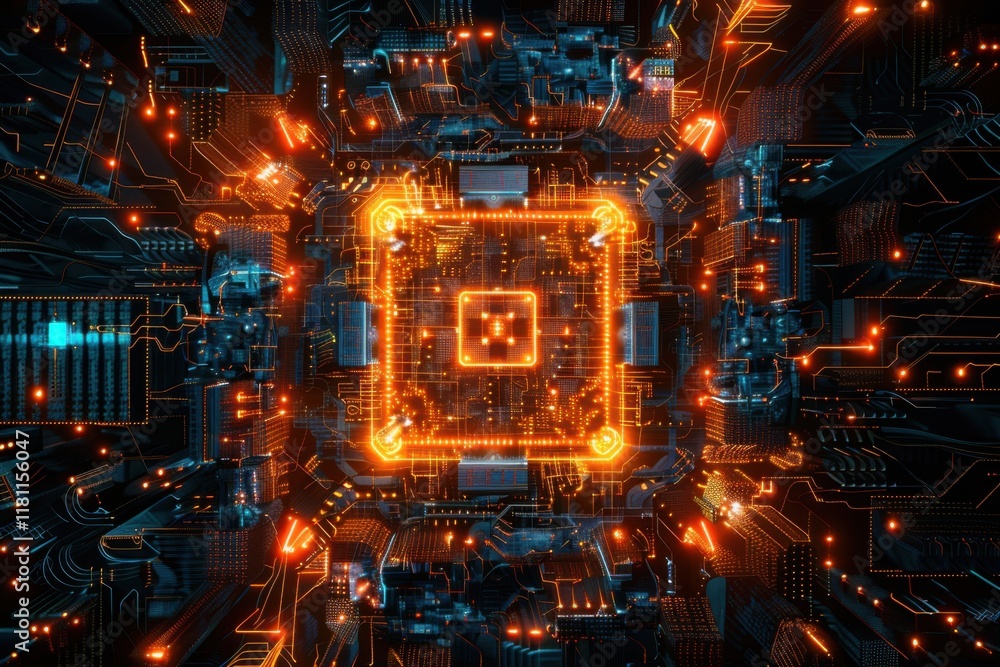 Poster glowing ai chip with holographic brain structure in dark digital universe