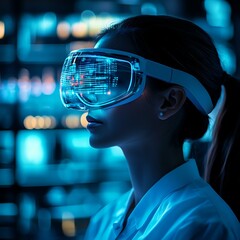 A young woman wearing advanced virtual reality goggles, immersed in a digital world. The glowing graphics and blue tones create a futuristic atmosphere, highlighting innovation.