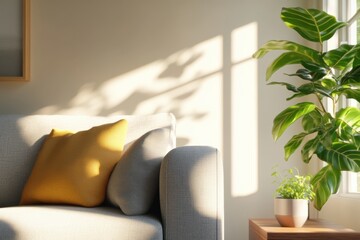 Mindful Living: A minimalist home interior with clean lines, soft natural light, and plants, creating a space for mindful living