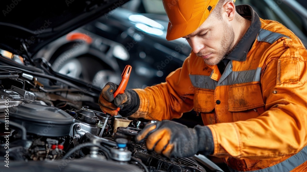 Poster a mechanic working on a vehicle with visible tools and oil stains isolated