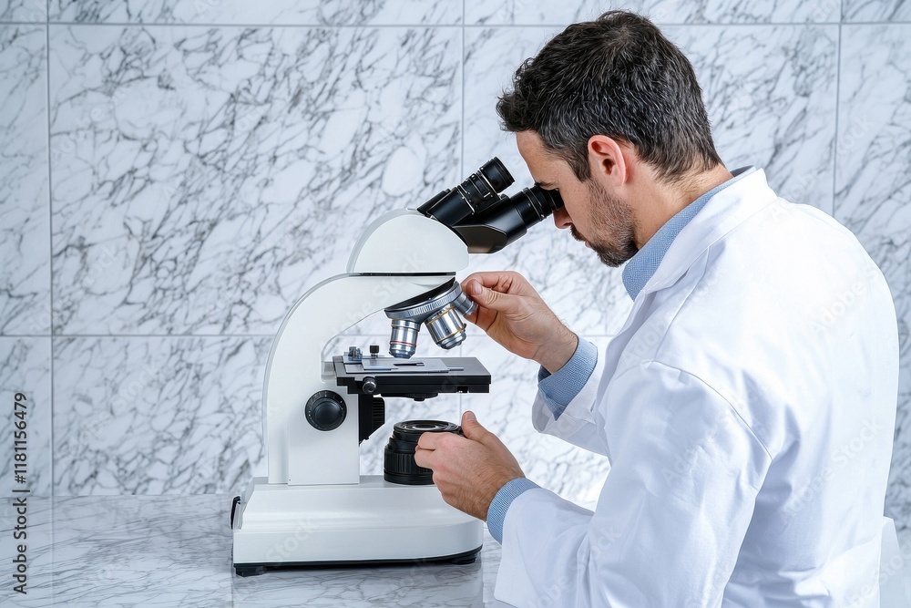 Poster a scientist examining a sample under a microscope isolated studio background