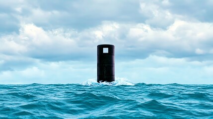 A close-up of a submarine periscope emerging from the water under a cloudy sky, with waves rippling around it for Submarine Day 