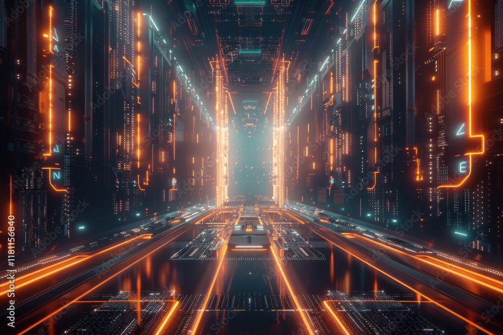 Poster futuristic ai circuit chip with glowing pathways and dynamic light trails