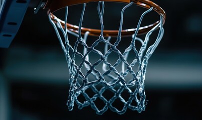 Basketball hoop net close-up in dark indoor court, ready for game action.