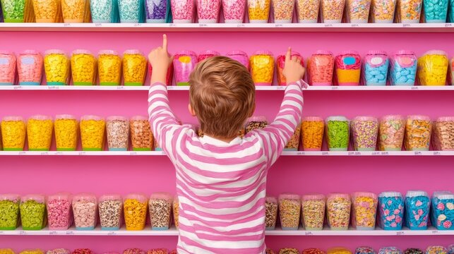 A cereal aisle in a grocery store with rows of brightly colored cereal boxes and a child excitedly pointing at their favorite for National Cereal Day - Powered by Adobe