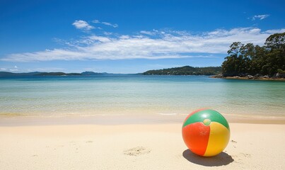 Obraz premium Beach ball on sandy shore, tranquil bay, sunny sky.