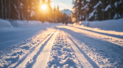 Fototapeta premium Groomed ski tracks in winter mountains with skiers and blue sky