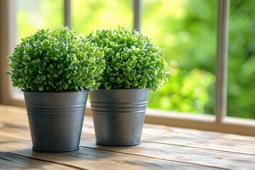 Serene Green Plants in Metal Pots on Wooden Table by Window