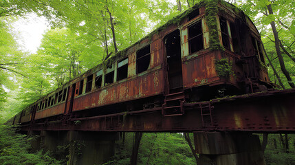 Fototapeta premium Abandoned rusty train car overgrown with greenery in a lush forest environment