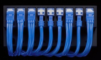 Blue ethernet cables plugged into a network switch on a black background, ideal for tech ads.