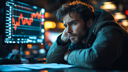 Fototapeta premium Pensive man analyzing financial stock market data on a computer screen at night