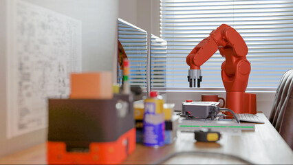 3D render: View of robot engineer's desktop with Cobot (collaborative robot),And model of AGV (automated guided vehicle) with Cobot (collaborative robot) are being programmed in lab