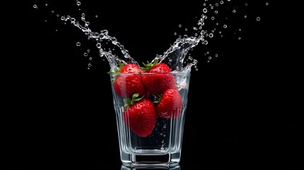 Fresh red strawberries with water splash in a glass over a dark background, symbolizing freshness and vitality.