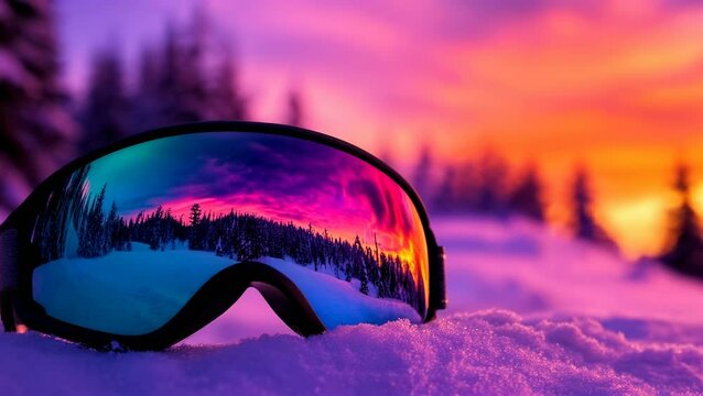 Colorful sunset reflection in ski goggles on fresh snow. Vibrant winter landscape, snowy mountains, and serene atmosphere. Perfect for winter sports visuals.