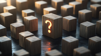 Glowing question mark among wooden cubes. Perfect for organizational mystery concepts.