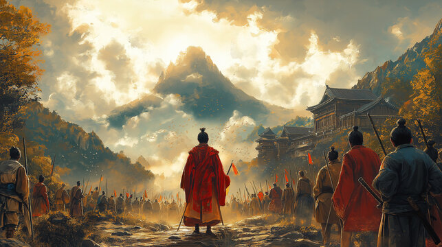 An epic illustration of Emperor Jimmu leading his followers during Japan&rsquo;s legendary founding, with dramatic landscapes and a divine golden glow.