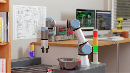 3D render: View of robot engineer's desktop , AGV (automated guided vehicle) with Cobot (collaborative robot) are being programmed in lab