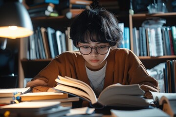 Asian teenager with glasses studying at a desk full of books photorealistic studio lighting