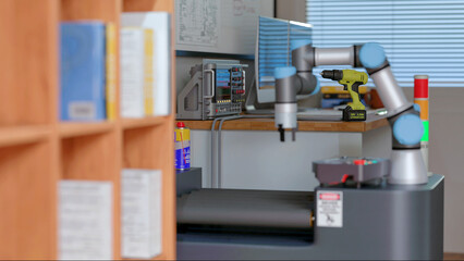 3D render: View of robot engineer's desktop , AGV (automated guided vehicle) with Cobot (collaborative robot) are being programmed in lab