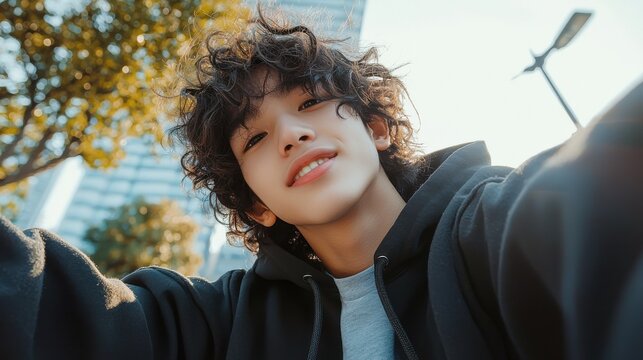 Asian teenager with curly hair wearing a hoodie taking selfies outdoors photorealistic studio lighting