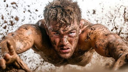 Rugby player diving to score a try, body fully extended in a dramatic action scene, mud splashing from the ground