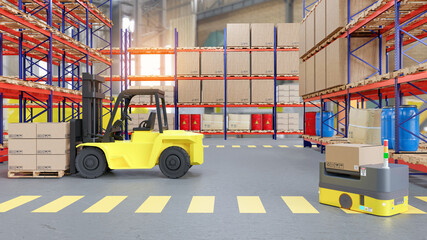 3D render Factory 4.0 concept: Collaboration of production system and AGV (Automated Guided Vehicle) with wireless communication in smart warehouse.
