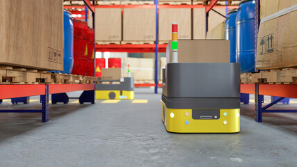 Naklejka premium 3D render Factory 4.0 concept: Collaboration of AGV (Automated Guided Vehicle) with wireless communication in smart warehouse.