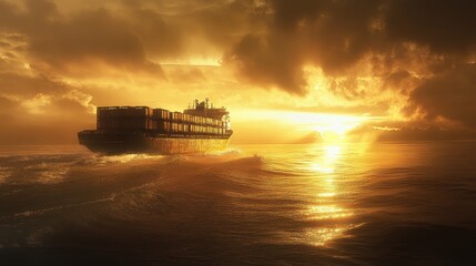 Obraz premium Sunset Over Cargo Ship in Ocean Waters