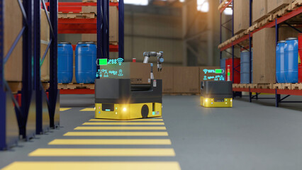 3D render Factory 4.0 concept: Collaboration of industrial robots and AGV (Automated Guided Vehicle) with wireless communication in smart warehouse.