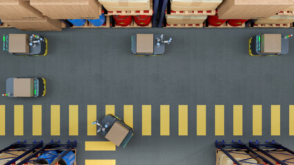 3D render Factory 4.0 concept: Collaboration of industrial robots and AGV (Automated Guided Vehicle) with wireless communication in smart warehouse.