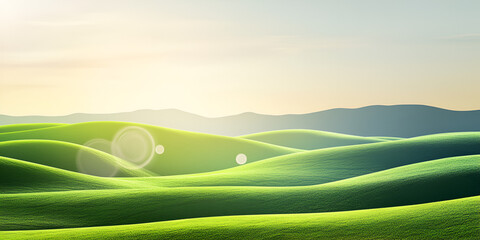 Obraz premium Sun-kissed Hills: Rolling green hills bathed in the golden light of the setting sun. The landscape evokes a sense of tranquility and peace, with the sun's rays casting a warm glow on the horizon.