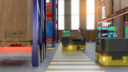 3D render Factory 4.0 concept: Collaboration of industrial robots and AGV (Automated Guided Vehicle) with wireless communication in smart warehouse.
