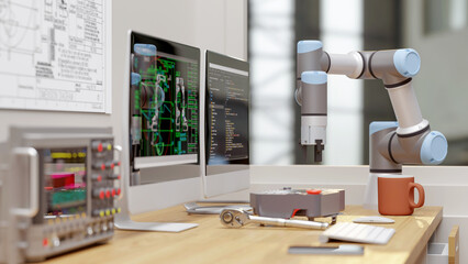 3D render: View of robot engineer's desktop with Cobot (collaborative robot),And Elelctrical equipment in laboratory