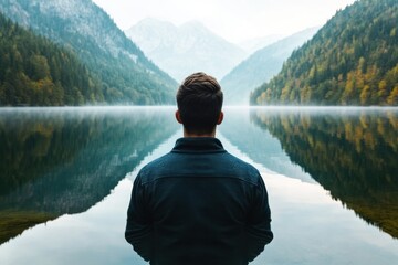Self-Awareness: A person gazing at their reflection in a calm, still lake, symbolizing self-awareness and deep introspection