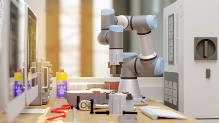 3D render: View of robot engineer's desktop with Cobot (collaborative robot),And Elelctrical equipment in laboratory