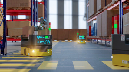 3D render Factory 4.0 concept: Collaboration of industrial robots and AGV (Automated Guided Vehicle) with wireless communication in smart warehouse.