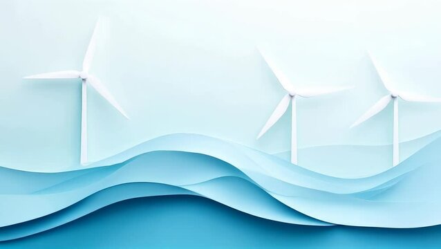 Beautiful 3D Art of Wind Turbines in Blue Waves: Eco-Friendly Energy Concept for Renewable Resources, Sustainability, and Clean Power Animation 4K