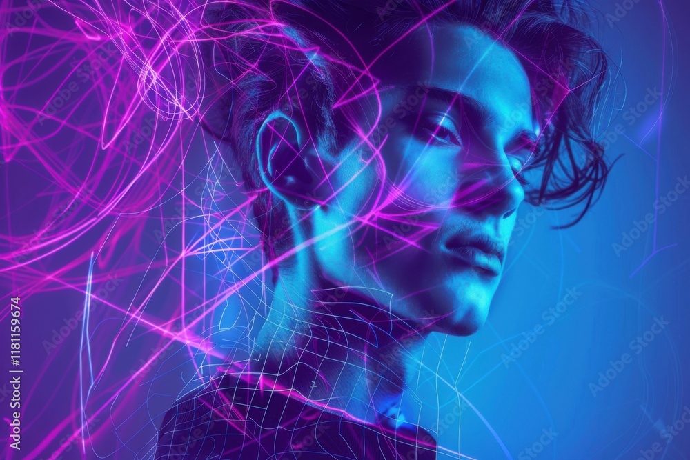 Poster futuristic portrait featuring glowing neural network patterns and vibrant hues