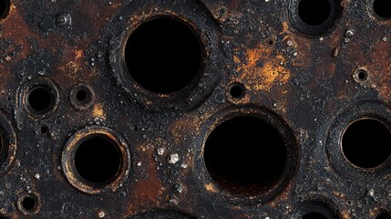 Burned Metal Texture Close up of Scorched Engine Cylinder Head with Holes