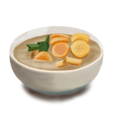 bowl of banana and cassava with coconut sauce soup isolated