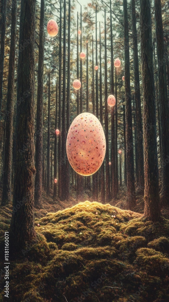 Poster glowing easter egg hidden in lush moss with floating orbs in a mystical twilight forest setting