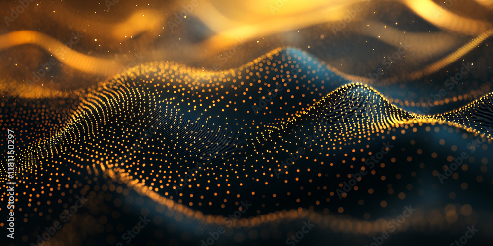 Poster golden data flow: abstract digital landscape with undulating waves of golden particles on a dark bac