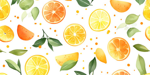 Citrus Watercolor Pattern: A vibrant and refreshing watercolor pattern featuring juicy slices of oranges, lemons, and limes, interspersed with lush green leaves and scattered dots.