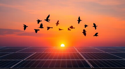 Obraz premium Sunset Over Solar Panels with Flying Birds
