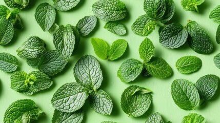 Fresh Green Mint Leaves Pattern Herbal Background Texture Close up Photography